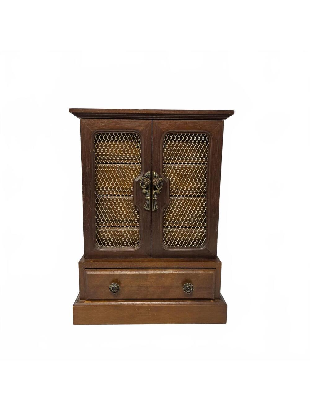 Vintage Made in Japan Wood Jewelry Cabinet with Mesh Doors and 5 Drawers